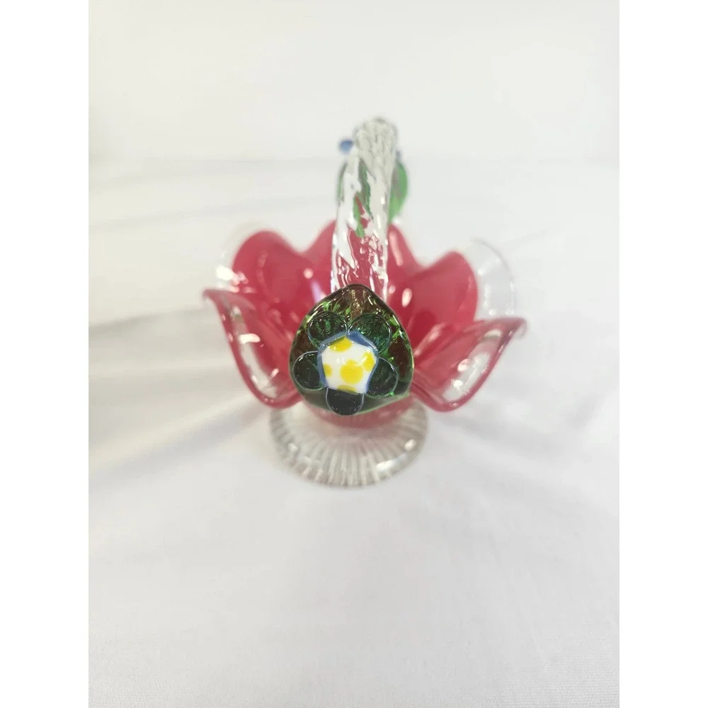 Red Art Glass Basket Hand Blown Ruffled Edge Flower Accents Clear Handle Boxed